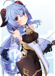 Rule 34 | 1girl, ahoge, bare shoulders, bell, black gloves, black legwear, black leotard, blue hair, blush, bodystocking, bodysuit, bow, bow (weapon), breasts, clothes lift, covered erect nipples, dame na hito (damenahidou), detached sleeves, ganyu (genshin impact), genshin impact, gloves, gold trim, groin, highres, holding, holding bow (weapon), holding weapon, horns, legs together, leotard, leotard under clothes, long hair, looking at viewer, low ponytail, medium breasts, neck bell, orb, pelvic curtain, pelvic curtain lift, purple eyes, qilin (mythology), sidelocks, solo, standing, thighlet, thighs, weapon, white sleeves