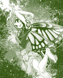 Rule 34 | 0-den, 1girl, antennae, bare legs, barefoot, blush, butterfly wings, dress, eternity larva, fairy, highres, insect wings, leaf, leaf on head, looking at viewer, monochrome, multicolored clothes, multicolored dress, open mouth, short hair, skirt, smile, solo, touhou, wings