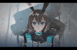 Rule 34 | 1girl, amiya (arknights), animal ears, arknights, ascot, bad id, bad pixiv id, black ascot, blue choker, brown hair, choker, clothes writing, commentary request, condensation, female pov, green eyes, letterboxed, looking at viewer, mirror, parted lips, pov, rabbit ears, reflection, ryoma (rym 369), short hair, solo, translation request, upper body, water