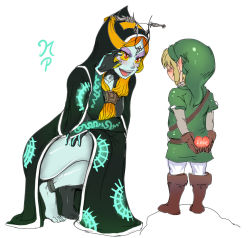 Rule 34 | 1boy, 1girl, age difference, arms behind back, barefoot, blonde hair, blue skin, blush, child, colored sclera, colored skin, confession, dress, embarrassed, eyeshadow, feet, forehead jewel, front ponytail, full-face blush, gloves, hand on thigh, hat, heart, hetero, hood, link, long hair, makeup, maniacpaint, midna, midna (true), naughty face, neon trim, nintendo, open mouth, orange hair, pointy ears, red eyes, seductive smile, shiny skin, side slit, size difference, smile, spoilers, squatting, the legend of zelda, the legend of zelda: twilight princess, thick thighs, thighs, yellow sclera