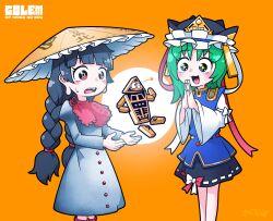 Rule 34 | + +, 2girls, ajirogasa, asymmetrical hair, black hair, black headwear, black skirt, blue eyes, blue vest, blush, bow, braid, buttons, clothes writing, commentary request, dress, epaulettes, feet out of frame, flat chest, frilled hat, frills, green hair, grey dress, hat, highres, juliet sleeves, long earlobes, long hair, long sleeves, medium hair, multiple girls, one eye closed, open mouth, orange background, puffy sleeves, red bow, red eyes, ribbon-trimmed skirt, ribbon trim, rod of remorse, shiki eiki, shirt, skirt, sleeve bow, smile, solidus (sword cube), star (symbol), touhou, twin braids, vest, white bow, white shirt, wide sleeves, yatadera narumi