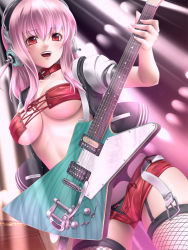 Rule 34 | 1girl, bad id, bad pixiv id, breasts, cleavage, electric guitar, fishnet thighhighs, fishnets, garter straps, gibson, gibson explorer, guitar, headphones, instrument, large breasts, long hair, mochi.f, nitroplus, open mouth, panties, pink hair, red eyes, shorts, smile, solo, super sonico, thighhighs, underwear