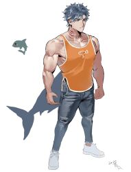 Rule 34 | 003 ssq, 1boy, animal print, bad id, bad twitter id, bara, denim, expressionless, fang, fang out, fins, fish print, fish tail, full body, gills, highres, jeans, large pectorals, looking ahead, male focus, muscular, muscular male, orange tank top, original, pants, pectorals, shark boy, shark fin, shark tail, short hair, side slit, sidepec, solo, standing, tail, tank top, thick eyebrows