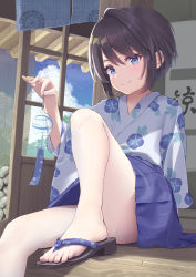 Rule 34 | 1girl, architecture, arm behind back, arm support, between fingers, blue eyes, blue skirt, blue sky, brown hair, closed mouth, cloud, cloudy sky, commentary request, convenient leg, day, east asian architecture, eyelashes, feet, floral print, foot out of frame, foreshortening, grey kimono, hand up, highres, holding, japanese clothes, kimono, knee up, legs, looking at viewer, medium hair, morning glory print, original, outdoors, print kimono, sandals, sidelocks, single hair intake, sitting, skirt, skirt under kimono, sky, smile, solo, thighs, toenails, toes, yukata, yuna rebun