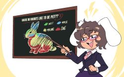 Rule 34 | 1girl, :d, alternate costume, animal ears, bespectacled, brown hair, diagram, floppy ears, formal, glasses, highres, inaba tewi, necktie, open mouth, quarium, rabbit, rabbit ears, round teeth, short hair, smile, solo, teaching, teeth, touhou, triangle mouth