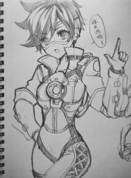 Rule 34 | 1girl, bomber jacket, breasts, chest harness, cowboy shot, goggles, graphite (medium), greyscale, hand on own hip, harness, index finger raised, jacket, kaoruru (sakuno2911), looking at viewer, medium breasts, monochrome, open mouth, overwatch, overwatch 1, photo (medium), pointing, pointing up, short hair, simple background, sketch, sketchbook, solo, spiked hair, talking, tracer (overwatch), traditional media, translation request, vambraces, white background