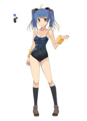 Rule 34 | 1girl, :d, ahoge, bare shoulders, blue hair, blue one-piece swimsuit, blue socks, breasts, brown eyes, contrapposto, earrings, gradient hair, grey footwear, hand up, inflatable armbands, jewelry, looking at viewer, medium breasts, monster hunter (series), multicolored hair, ohta yuichi, one-piece swimsuit, open mouth, paw print, personification, shoes, smile, socks, solo, standing, swimsuit, twintails