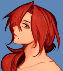 Rule 34 | 1girl, aiphelix, blue background, collarbone, dark red hair, grey eyes, long hair, looking at viewer, low ponytail, mature female, mole, mole under mouth, original, parted lips, portrait, simple background, upper body