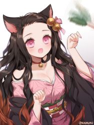 Rule 34 | 1girl, absurdres, afterimage, animal ears, bare shoulders, bell, black hair, blush, breasts, brown hair, cat day, cat ears, cat teaser, checkered sash, choker, cleavage, collarbone, commentary request, fang, forehead, gradient hair, hair bell, hair ornament, hair ribbon, hand up, hands up, highres, japanese clothes, jingle bell, kamado nezuko, kaoruru (sakuno2911), kemonomimi mode, kimetsu no yaiba, kimono, long hair, looking away, medium breasts, motion blur, multicolored hair, nail polish, neck bell, obi, open clothes, open mouth, pink eyes, pink kimono, pink nails, pink ribbon, red choker, ribbon, sash, solo, twitter username, very long hair