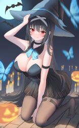 1girl adjusting_clothes adjusting_headwear alternate_costume armband armpits bat_(animal) black_choker black_hair black_pantyhose bow bowtie breasts bug butterfly candle choker cleavage detached_collar dress full_moon fushi_tantei:_reidou_momiji hair_ornament happy_halloween hat highres insect kneeling large_breasts long_hair mole mole_on_breast moon night off-shoulder_dress off_shoulder p-tomi pantyhose pumpkin red_eyes reidou_momiji second-party_source smile solo thighhighs very_long_hair witch_hat wooden_floor x_hair_ornament