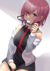 Rule 34 | 1girl, bare shoulders, black dress, blush, breasts, closed mouth, collared dress, dress, eyes visible through hair, unworn eyewear, fate/grand order, fate (series), glasses, grey jacket, hair over one eye, highres, holding, holding removed eyewear, jacket, light purple hair, long sleeves, looking at viewer, mash kyrielight, necktie, off shoulder, open clothes, open jacket, purple eyes, red neckwear, shaded face, short hair, sitting, sleeveless, sleeveless dress, user ukac2333