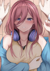 Rule 34 | 1boy, 1girl, absurdres, arm under breasts, blue cardigan, blue eyes, blush, breasts, brown hair, brown shirt, cardigan, collarbone, go-toubun no hanayome, hair between eyes, headphones, headphones around neck, highres, hoshinori19, large breasts, long bangs, long hair, long hair between eyes, looking at viewer, lying, nakano miku, off shoulder, on floor, open cardigan, open clothes, parted lips, pinned, pov, pov hands, shirt, sleeveless, sleeveless shirt, yukadon