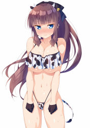 Rule 34 | 1girl, 3:, animal ears, animal print, bare shoulders, bikini, black gloves, black ribbon, blue eyes, blunt bangs, blush, breasts, brown hair, collarbone, commentary request, cow ears, cow horns, cow print, cow tail, cowboy shot, embarrassed, gloves, hair ribbon, half gloves, highleg, highleg bikini, highres, horns, kazuma (kazumav), large breasts, long hair, looking at viewer, navel, new game!, nose blush, ponytail, print bikini, ribbon, simple background, solo, sweat, swimsuit, tail, takimoto hifumi, underboob, very long hair, white background