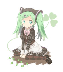 Rule 34 | 1girl, :o, alternate costume, argyle, argyle clothes, argyle legwear, arm support, bow, bowtie, clover, clover hair ornament, dress, full body, green eyes, green hair, hair ornament, hairclip, hatsune miku, long hair, mary janes, matching hair/eyes, nayutaho, pantyhose, shoes, simple background, sitting, solo, striped, twintails, v arms, vertical stripes, vocaloid, wariza