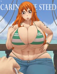 Rule 34 | 1boy, 1girl, absurdres, alternate breast size, aphrodos, artist name, bikini, bikini top only, bracelet, breasts, brown eyes, bucket, cleavage, curvy, denim, earrings, english text, green bikini, grin, hand on own hip, highres, huge breasts, jewelry, leotard, lips, log pose, long hair, looking at another, looking at viewer, matching hair/eyes, nami (one piece), navel, one piece, orange eyes, orange hair, pants, pearl earrings, plump, shoulder tattoo, smile, source request, surprised, swimsuit, tattoo, thong, thong leotard, very long hair, wide hips