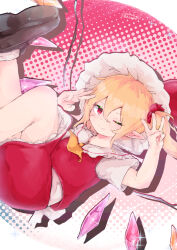 Rule 34 | 1girl, ascot, blonde hair, crystal wings, dress, flandre scarlet, full body, hair ribbon, hat, hat ribbon, highres, kabochamaronpie, looking at viewer, mary janes, medium hair, mob cap, one eye closed, pointy ears, red dress, red ribbon, ribbon, shoes, side ponytail, smile, solo, touhou, yellow ascot