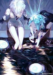 Rule 34 | 2others, androgynous, antarcticite, aqua hair, artist name, black gloves, black neckwear, blue hair, blue nails, closed eyes, closed mouth, colored eyelashes, colored skin, commentary, crystal hair, english commentary, from above, gem uniform (houseki no kuni), gloves, hair over one eye, highres, houseki no kuni, in water, liquid, multiple others, nail polish, necktie, neckwear request, open mouth, pale skin, parted bangs, phosphophyllite, short hair, short sleeves, shorts, sitting, smile, sparkle, spoilers, talking, twitter username, water, white hair, white skin, yamikio