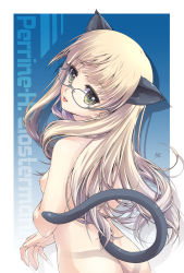 Rule 34 | 1girl, animal ears, ass, blonde hair, blue background, blush, border, breasts, cat ears, cat tail, character name, glasses, highres, long hair, looking at viewer, looking back, mao (6r), nipples, nude, perrine h. clostermann, simple background, small breasts, solo, strike witches, tail, tongue, tongue out, upper body, white border, world witches series, yellow eyes