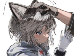 Rule 34 | 1girl, 1other, absurdres, animal ear fluff, animal ears, arknights, black gloves, blue eyes, blush, closed mouth, commentary request, doctor (arknights), gloves, grey hair, grey jacket, headpat, highres, hood, hood down, hooded jacket, hossi, jacket, long sleeves, one eye closed, out of frame, simple background, solo focus, sussurro (arknights), sweat, upper body, white background, white gloves