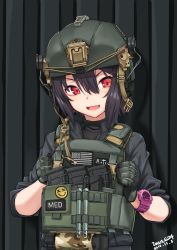 Rule 34 | 1girl, :d, absurdres, american flag, black jacket, brown hair, camouflage, commentary request, dated, ear protection, fang, gloves, green gloves, hair between eyes, head tilt, helmet, highres, ivan wang, jacket, long sleeves, military, military uniform, open mouth, original, red eyes, signature, sleeves pushed up, smile, smiley face, solo, uniform, upper body, v-shaped eyebrows, watch, wristwatch