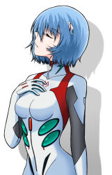 Rule 34 | 1girl, ayanami rei, blue hair, bodysuit, breasts, closed eyes, commentary, evangelion: 3.0+1.0 thrice upon a time, hand on own chest, highres, interface headset, medium breasts, neon genesis evangelion, parted lips, pilot suit, plugsuit, rebuild of evangelion, sashimi (sasihmi), short hair, solo, white background, white bodysuit