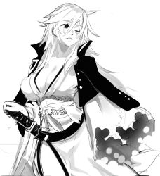 Rule 34 | 1girl, arc system works, baiken, breasts, cleavage, greyscale, guilty gear, highres, large breasts, long hair, monochrome, pink eyes, pink hair, sho-n-d, simple background, sketch, sword, weapon, white background
