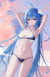Rule 34 | 1girl, absurdres, ahoge, armpits, arms behind head, azur lane, bikini, black bikini, blue hair, blush, breasts, commentary, cowboy shot, flower, gluteal fold, hair flower, hair ornament, helena (azur lane), helena (shimmering triangle wave) (azur lane), highres, long hair, looking at viewer, medium breasts, navel, official alternate costume, outdoors, parted lips, purple eyes, qingyuexin, solo, standing, stomach, sunset, swimsuit, two-tone bikini, very long hair, wet, white bikini, white flower