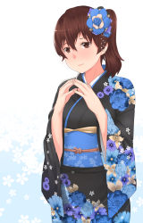Rule 34 | 10s, 1girl, alternate costume, blush, brown eyes, brown hair, fingers together, flower, franham, hair flower, hair ornament, highres, japanese clothes, kaga (kancolle), kantai collection, kimono, short hair, side ponytail, simple background, solo