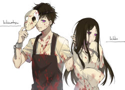 Rule 34 | 10s, 1boy, 1girl, apron, bad id, bad pixiv id, bags under eyes, black hair, black sclera, blood, blood on arm, blood on clothes, blood on face, breasts, chain, character name, collarbone, colored sclera, cuffs, dripping, ekita kuro, hockey mask, holding, holding another&#039;s hair, holding mask, ichiko (osomatsu-san), long hair, long sleeves, looking at viewer, mask, matsuno ichimatsu, nightgown, no pupils, one eye covered, osomatsu-kun, osomatsu-san, osomatsu (series), purple eyes, shackles, shirt, short sleeves, simple background, sleeves past wrists, small breasts, torn clothes, torn shirt, upper body, very long hair, white background, wide sleeves