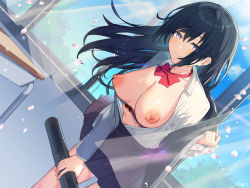 Rule 34 | 1girl, black hair, black jacket, black skirt, blue sky, bra, breasts, breasts out, cherry blossoms, classroom, cleavage, closed mouth, collared shirt, curtains, day, desk, diploma, dutch angle, frilled bra, frills, graduation, hair blowing, highres, holding, itohana, jacket, large breasts, leaning forward, long hair, looking at viewer, navel, nipples, non-web source, open clothes, open shirt, original, petals, pink bra, pleated skirt, power lines, puffy nipples, purple eyes, red neckwear, school desk, school uniform, shirt, sidelocks, skirt, sky, smile, solo, tree, underwear, uniform, watermark, white shirt, wind, wind lift, window