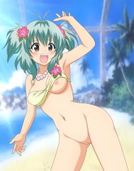 Rule 34 | 1girl, beach, blush, bottomless, bra, breasts, cleft of venus, highres, legs, long hair, nipples, nude filter, open mouth, purple eyes, pussy, run elsie jewelria, solo, third-party edit, to love-ru, uncensored, underwear