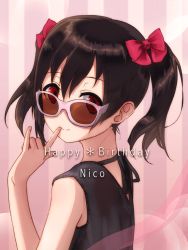 Rule 34 | 10s, 1girl, \m/, bad id, bad pixiv id, black hair, bow, character name, choker, finger to mouth, hair bow, happy birthday, ivioss, long hair, looking back, love live!, love live! school idol project, red eyes, ribbon choker, solo, sunglasses, twintails, yazawa nico