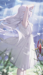 Rule 34 | 1girl, arm up, armpits, blurry, blurry foreground, breasts, chilakkk, cloud, cloudy sky, commentary, day, dress, elf, english commentary, feet out of frame, frieren, green eyes, highres, holding, holding staff, light rays, long hair, motion blur, mountainous horizon, outdoors, petals, pointy ears, profile, sky, sleeveless, sleeveless dress, small breasts, solo, sousou no frieren, staff, standing, sunlight, thick eyebrows, twitter username, white dress, white hair, wind