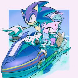 Rule 34 | 1boy, 1girl, absurdres, animal ears, blaze the cat, blue fur, cat ears, cat girl, cat tail, forehead jewel, fur-trimmed footwear, fur-trimmed gloves, fur trim, furry, furry female, furry male, gloves, green eyes, highres, holding, holding map, jacket, jet ski, map, mochi paya, pants, pointing, pointing forward, purple fur, purple jacket, smile, smirk, sonic (series), sonic rush adventure, sonic the hedgehog, square, tail, topknot, white gloves, white pants, yellow eyes