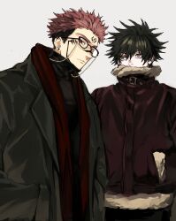 Rule 34 | 2boys, black hair, closed mouth, coat, commentary, couple, extra eyes, eyewear strap, facial tattoo, fur-trimmed jacket, fur trim, fushiguro megumi, glasses, green coat, green eyes, hair between eyes, hands in pockets, highres, jacket, jugang140, jujutsu kaisen, long sleeves, looking at another, looking at viewer, male focus, multiple boys, pants, pink hair, red eyes, ryoumen sukuna (jujutsu kaisen), scarf, short hair, spiked hair, standing, symbol-only commentary, tattoo, turtleneck, undercut, yaoi