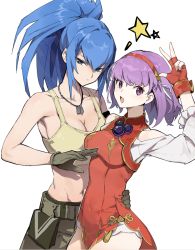 Rule 34 | 2girls, asamiya athena, blue eyes, blue hair, breasts, china dress, chinese clothes, closed mouth, dress, fingerless gloves, gloves, hair ornament, idol, johnsonjwj, leona heidern, multiple girls, pony (animal), ponytail, purple eyes, purple hair, short hair, simple background, snk, star (symbol), star hair ornament, tank top, the king of fighters, the king of fighters xv, thighs, yellow tank top
