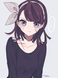 Rule 34 | ..., 1girl, :t, asymmetrical bangs, blunt bangs, blunt ends, blush stickers, collarbone, frown, hairband, highres, looking at viewer, maco22, original, out of frame, purple hair, purple shirt, scar, scar on face, shirt, short hair, solo, speech bubble, sweatdrop, upper body