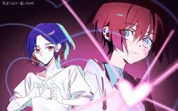 1boy 1girl amate_yuzuriha aqua_eyes blue_hair blush closed_mouth dekau glowing gundam gundam_gquuuuuux heart heart_hands highres long_sleeves looking_at_viewer multicolored_hair necktie open_mouth purple_hair red_eyes red_hair school_uniform shirt short_hair shuji_ito smile sweater upper_body