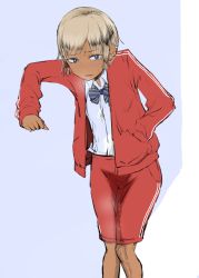 Rule 34 | 1girl, against wall, blonde hair, blue background, blue eyes, blue shirt, blush, bow, bowtie, clenched hand, dark-skinned female, dark skin, ear piercing, embarrassed, female focus, flat chest, hagaa, hand in pocket, jacket, knees together feet apart, long sleeves, looking at viewer, nose blush, open mouth, original, peeing, peeing self, piercing, red jacket, red shorts, school uniform, shirt, short hair, shorts, simple background, solo, standing, striped bow, striped bowtie, striped clothes, sweat, tears, two-tone background, wet, wet clothes