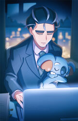 Rule 34 | 1boy, bad id, bad pixiv id, black hair, black jacket, closed eyes, closed mouth, collared shirt, commentary, computer, creatures (company), game freak, gen 7 pokemon, grey hair, indoors, jacket, komala, laptop, larry (pokemon), long sleeves, lu (sa17 71), male focus, multicolored hair, necktie, nintendo, papers, pokemon, pokemon (creature), pokemon sv, shirt, short hair, sleeping, streaked hair, two-tone hair