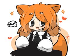 Rule 34 | +++, 1girl, :3, :d, ahoge, animal ears, black dress, blush stickers, brown background, chibi, collared shirt, commentary, dog ears, dog girl, dog tail, dress, fang, grey eyes, heart, highres, long sleeves, motion lines, open mouth, orange hair, original, shirt, sleeveless, sleeveless dress, sleeves past fingers, sleeves past wrists, smile, solo, tail, two-tone background, uni souchou, white background, white shirt