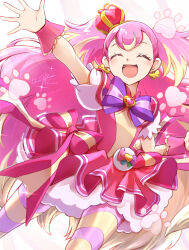 Rule 34 | 1girl, :d, artist name, blush, clear glass (mildmild1311), closed eyes, commentary request, cure wonderful, dress, earrings, eyelashes, happy, highres, inukai komugi, jewelry, long hair, looking at viewer, magical girl, multicolored hair, open mouth, pink hair, pink wrist cuffs, precure, puffy short sleeves, puffy sleeves, short sleeves, signature, smile, solo, streaked hair, striped clothes, twitter username, wonderful precure!, wrist cuffs