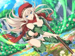 Rule 34 | 1girl, alleyne (queen&#039;s blade), belt, beret, blonde hair, blue eyes, blue flower, blue sky, boots, bra, breasts, brown belt, cape, cleavage, crossover, day, elbow gloves, flower, gloves, green bra, green footwear, green gloves, hat, holding, holding polearm, holding weapon, large breasts, long hair, looking at viewer, nature, navel, official art, open mouth, outdoors, pink flower, pink rose, pointy ears, polearm, queen&#039;s blade, red cape, red hat, rose, ruins, senran kagura, senran kagura new link, sky, solo, thigh boots, tree, underwear, weapon, white loincloth