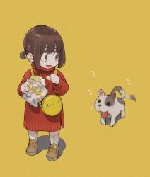 Rule 34 | 1girl, bag, bread, brown eyes, brown hair, child, commentary request, dog, dress, food, food on face, hair ornament, hairclip, handbag, highres, holding, holding food, jun (navigavi), little sister (navigavi), melon bread, original, shoes, short hair, simple background, smile, socks, sweater, sweater dress, tail, tail wagging