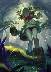 Rule 34 | 1girl, :o, ahoge, bad id, bad pixiv id, boots, dress, flower, forest, from below, grass, green eyes, green hair, hair flower, hair ornament, highres, looking at viewer, looking down, matching hair/eyes, million arthur (series), nature, original, pointy ears, rose, shiakoto, shorts, solo, thighhighs, tree