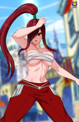 Rule 34 | 1girl, absurdres, bandages, bandages around chest, blurry, blurry background, blush, breasts, brown eyes, cloud, erza scarlet, fairy tail, highres, kyoffie, large breasts, long hair, navel, outdoors, parted lips, ponytail, red hair, sky, solo, standing