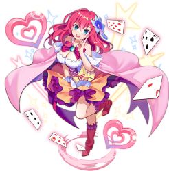 Rule 34 | 1girl, :d, ace (playing card), ace of hearts, aqua eyes, ark order, artist request, blue eyes, blue flower, boots, bow, breasts, cape, club (shape), diamond (shape), finger to cheek, flower, hair flower, hair ornament, heart, high heel boots, high heels, knee boots, large breasts, long hair, looking at viewer, no game no life, official art, open mouth, pink bow, pink cape, pink footwear, pink hair, playing card, shirt, skirt, smile, solo, spade (shape), sparkle, stephanie dora, tachi-e, transparent background, white shirt, yellow skirt