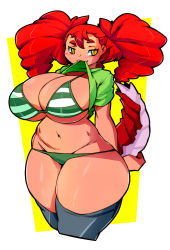 Rule 34 | 1girl, absurdres, bikini, blush, bow, breasts, cleavage, clothes lift, curvy, dark-skinned female, dark skin, dragon tail, dragoontequila, green bikini, highres, huge breasts, long hair, monster girl, navel, original, plump, red hair, shirt lift, simple background, smile, solo, striped, striped bow, swimsuit, tail, tequila (dragoontequila), thick thighs, thighs, twintails, wide hips, yellow eyes