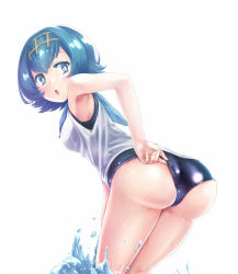 Rule 34 | 1girl, adjusting clothes, adjusting swimsuit, alternate color, armpits, ass, blue eyes, blue hair, blue sailor collar, bright pupils, creatures (company), game freak, hairband, highres, lana (pokemon), matching hair/eyes, nintendo, one-piece swimsuit, open mouth, pokemon, pokemon sm, sailor collar, school swimsuit, shiny clothes, short hair, sleeveless, solo, swimsuit, swimsuit under clothes, trial captain, tsuyukusa aoi, water
