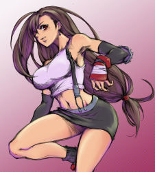Rule 34 | 1990s (style), 1girl, bare shoulders, breasts, brown eyes, brown hair, earrings, elbow gloves, female focus, final fantasy, final fantasy vii, fingerless gloves, gloves, highres, jewelry, large breasts, legs, long hair, low-tied long hair, midriff, miniskirt, ooguron ron, pencil skirt, pink background, red eyes, retro artstyle, sketch, skirt, solo, suspenders, tank top, thighs, tifa lockhart, yanushi